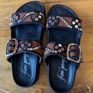 Free People Black and Brown Studded Slide Sandals